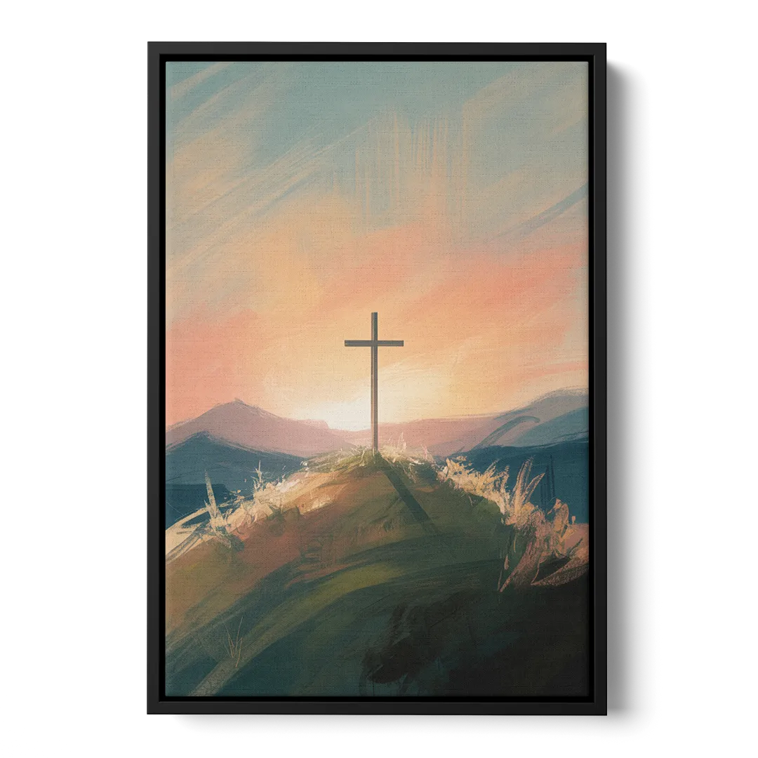 Minimalist Christian Cross on Hill Front - Black Canvas Wall Art