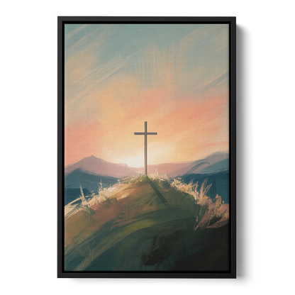 Minimalist Christian Cross on Hill Front - Black Canvas Wall Art