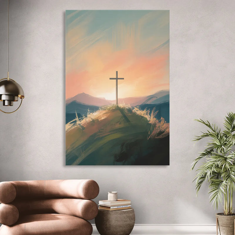 Minimalist Christian Cross on Hill Sitting Room - Canvas Wall Art