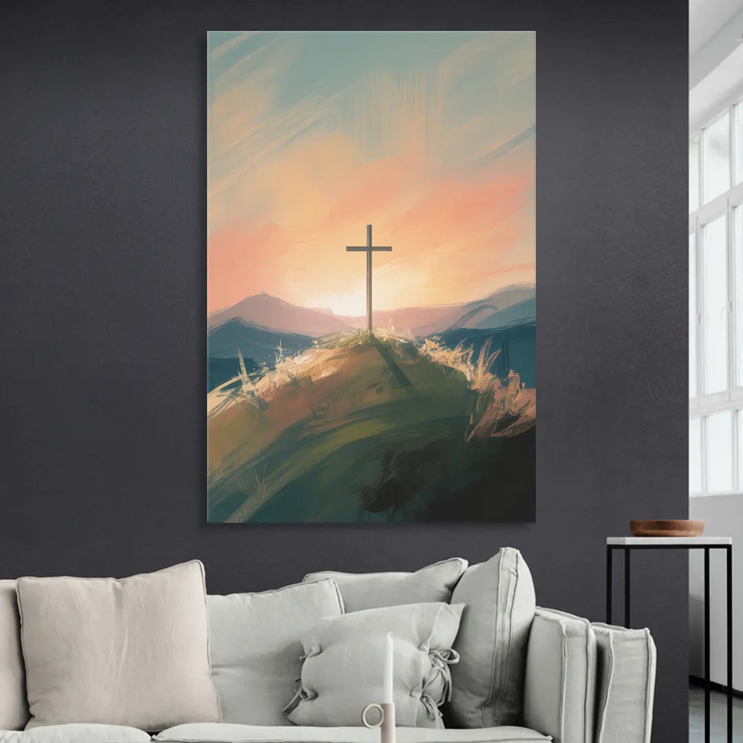 Minimalist Christian Cross on Hill Living Room - Canvas Wall Art