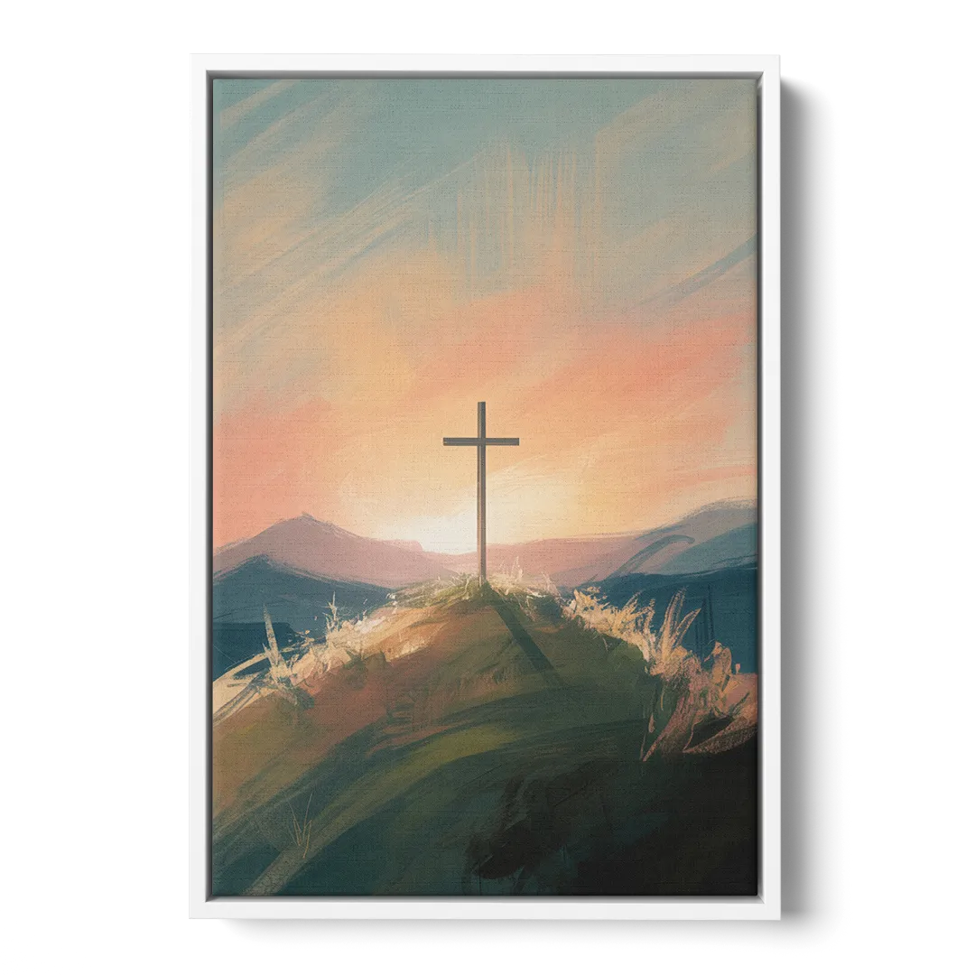 Minimalist Christian Cross on Hill Front - White Canvas Wall Art