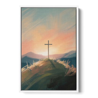 Minimalist Christian Cross on Hill Front - White Canvas Wall Art