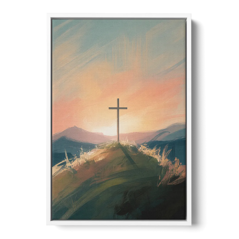 Minimalist Christian Cross on Hill Front - White Canvas Wall Art