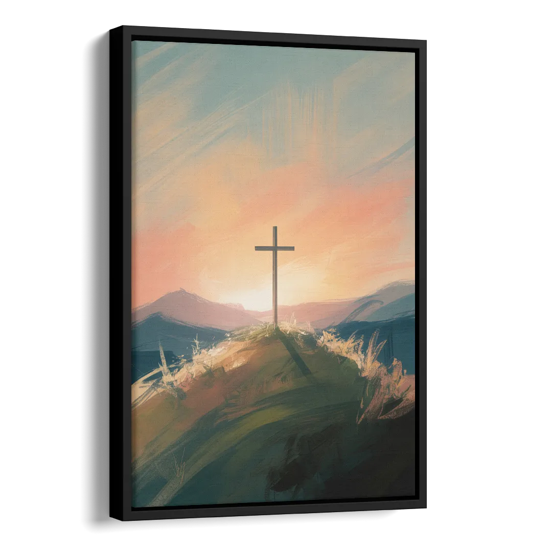 Minimalist Christian Cross on Hill Side - Black Canvas Wall Art
