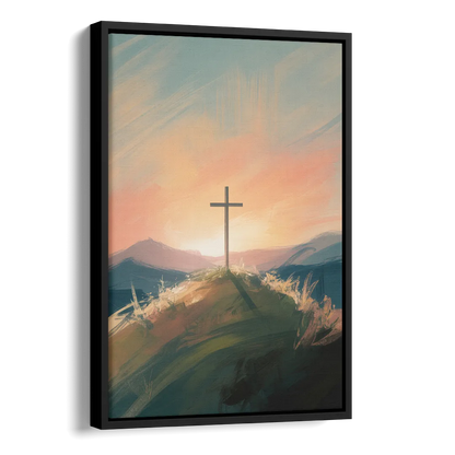 Minimalist Christian Cross on Hill Side - Black Canvas Wall Art