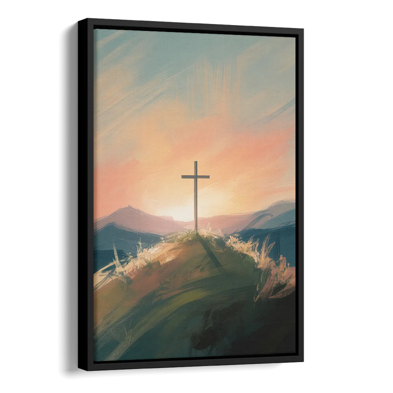 Minimalist Christian Cross on Hill Side - Black Canvas Wall Art