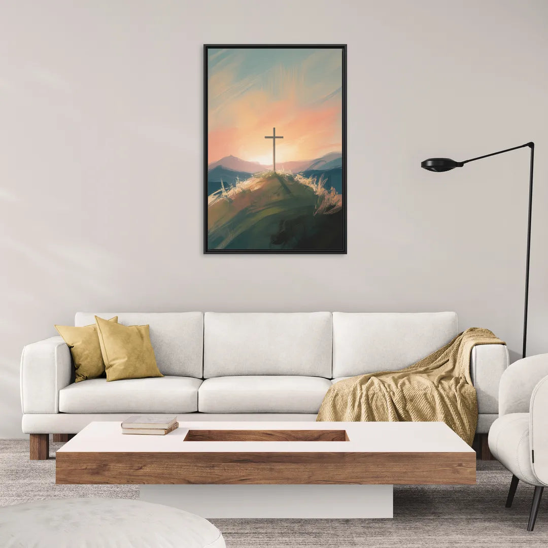 Minimalist Christian Cross on Hill - Living Room Black Frame Canvas