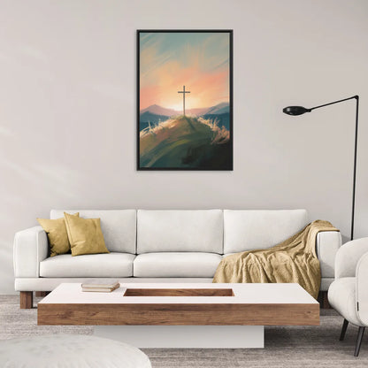 Minimalist Christian Cross on Hill - Living Room Black Frame Canvas