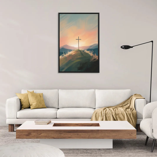 Minimalist Christian Cross on Hill - Living Room Black Frame Canvas
