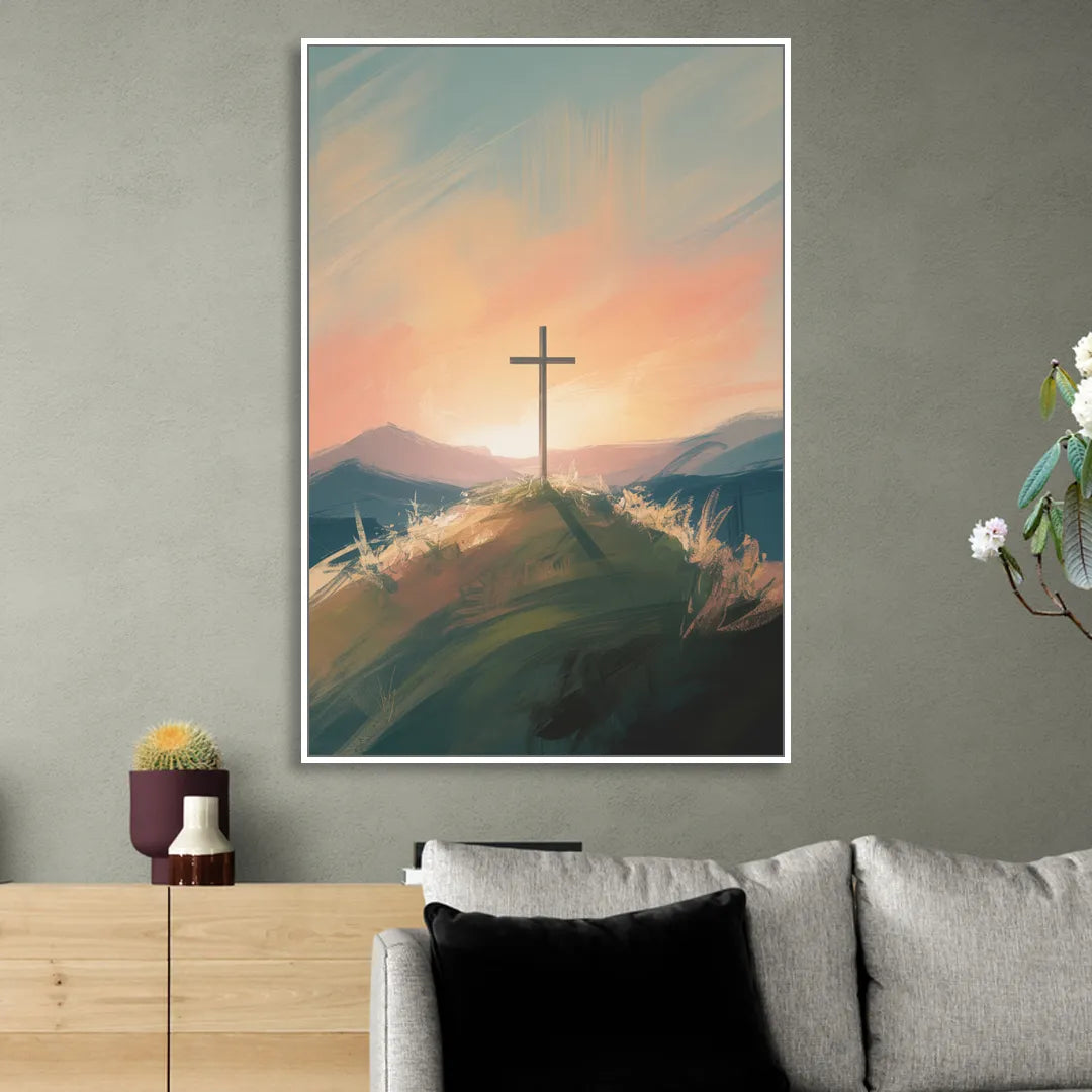 Minimalist Christian Cross on Hill Sitting Room - White Canvas Wall Art