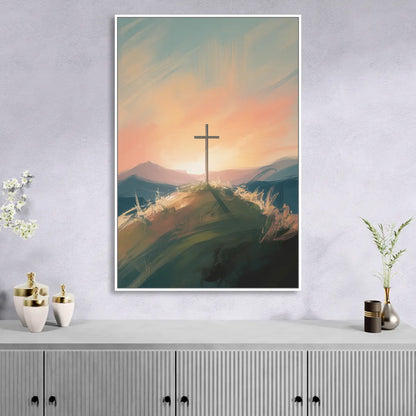 Minimalist Christian Cross on Hill Living Room - White Canvas Wall Art