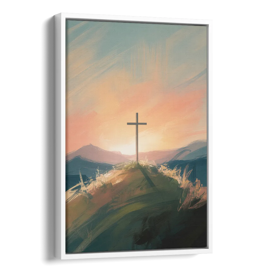Minimalist Christian Cross on Hill Side - White Canvas Wall Art