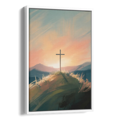 Minimalist Christian Cross on Hill Side - White Canvas Wall Art