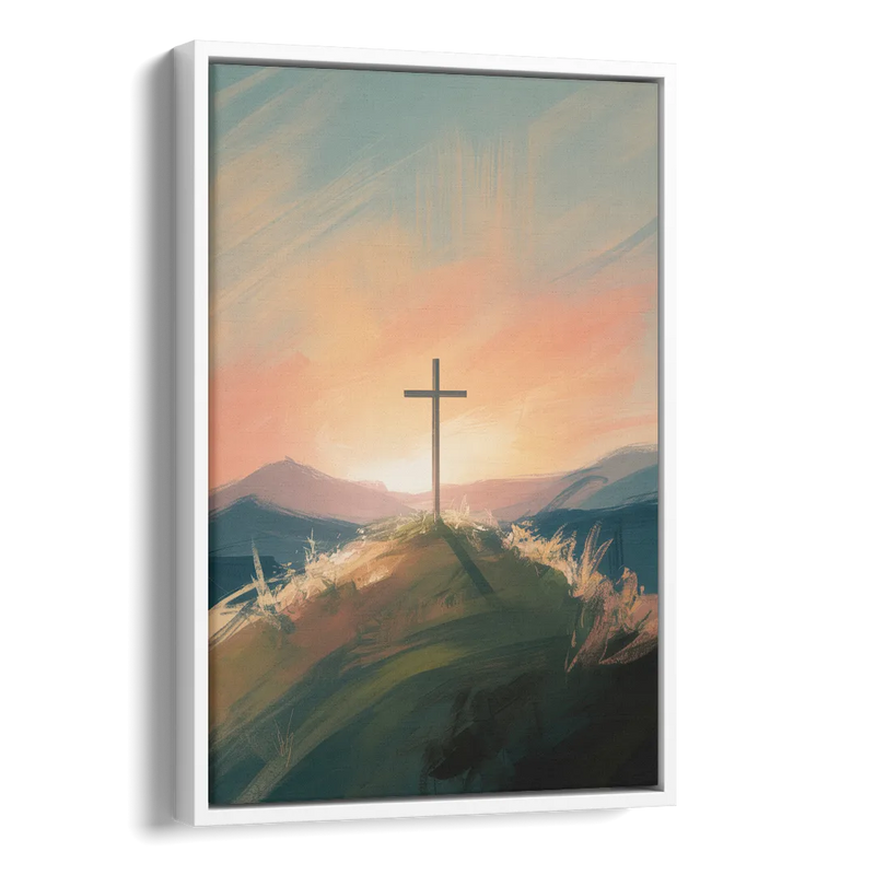 Minimalist Christian Cross on Hill Side - White Canvas Wall Art