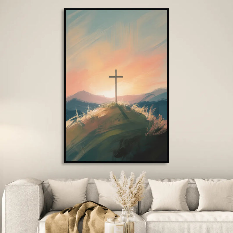 Minimalist Christian Cross on Hill Living Room - Black Canvas Wall Art