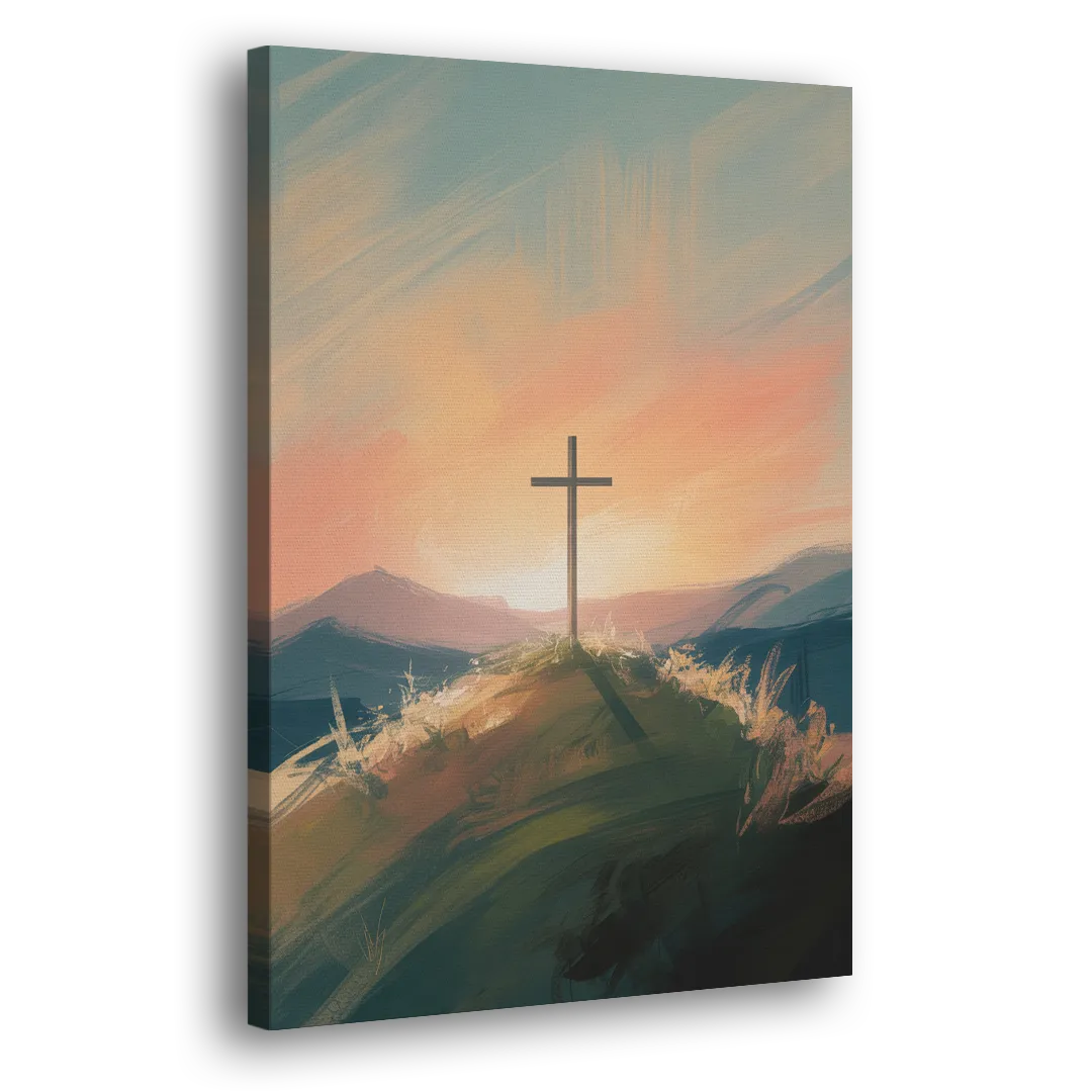 Minimalist Christian Cross on Hill Side - Canvas Wall Art