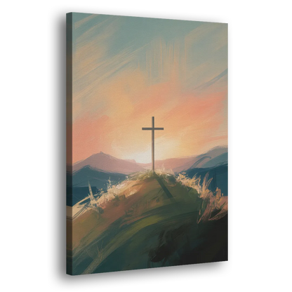 Minimalist Christian Cross on Hill Side - Canvas Wall Art