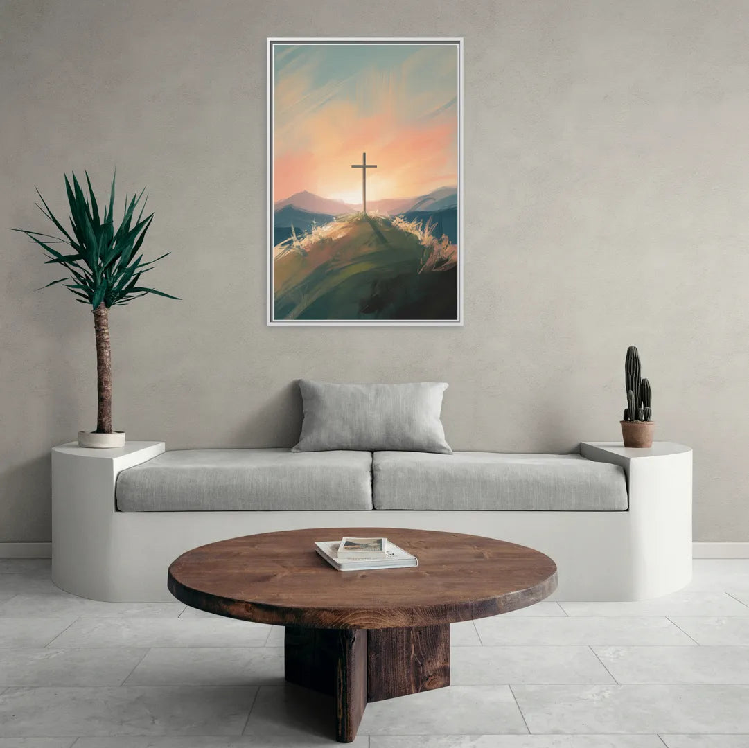 Minimalist Christian Cross on Hill - Living Room White Frame Canvas