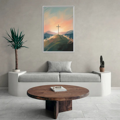 Minimalist Christian Cross on Hill - Living Room White Frame Canvas