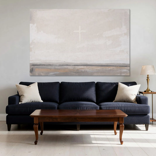 Minimalist Christian Wall Art with a Misty Cross - Canvas Wall Art - Sofa - 60x40