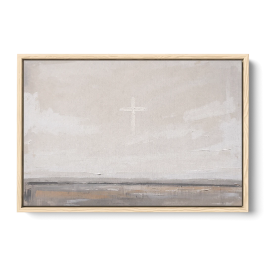 Minimalist Christian Wall Art with a Misty Cross - Oak Framed Canvas Wall Art - Front
