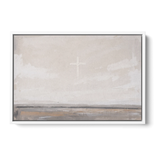 Minimalist Christian Wall Art with a Misty Cross - White Framed Canvas Wall Art - Front