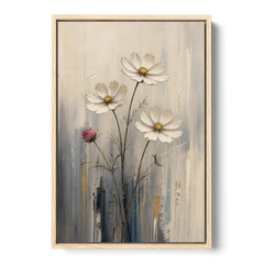 Minimalist Floral Wall Art with White Cosmos - Oak Framed Canvas Wall Art - Front