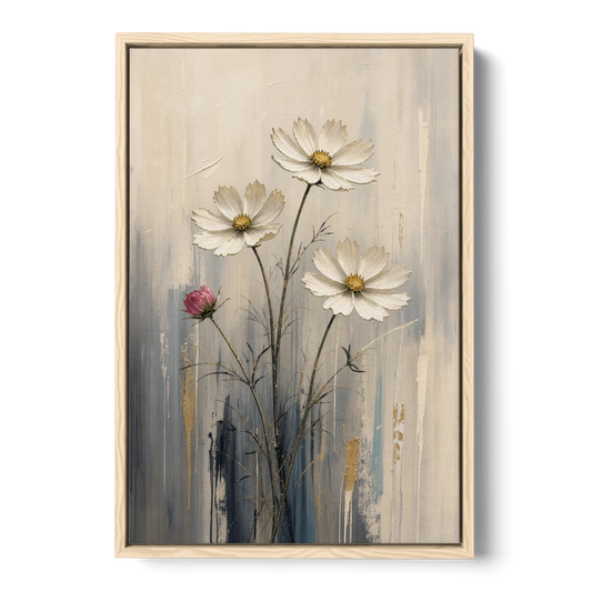 Minimalist Floral Wall Art with White Cosmos - Oak Framed Canvas Wall Art - Front
