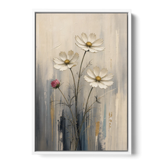 Minimalist Floral Wall Art with White Cosmos - White Framed Canvas Wall Art - Front