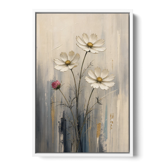 Minimalist Floral Wall Art with White Cosmos - White Framed Canvas Wall Art - Front