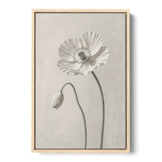 Minimalist Flower Wall Art of a Poppy and Bud - Oak Framed Canvas Wall Art - Front