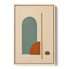 Minimalist Geometric Teal Arch with Terracotta Half-Circle - Oak Framed Canvas Wall Art - Front