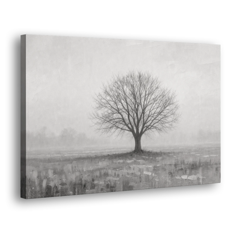 Minimalist Landscape Painting of a Lone Tree in Fog - Canvas Wall Art - Side