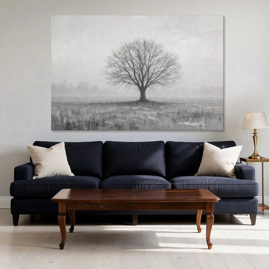 Minimalist Landscape Painting of a Lone Tree in Fog - Canvas Wall Art - Sofa - 60x40
