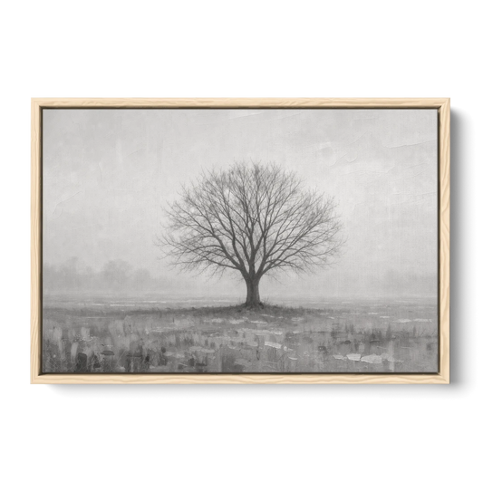 Minimalist Landscape Painting of a Lone Tree in Fog - Oak Framed Canvas Wall Art - Front