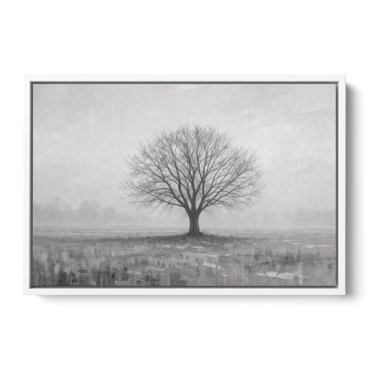 Minimalist Landscape Painting of a Lone Tree in Fog - White Framed Canvas Wall Art - Front