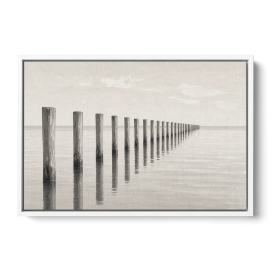 Minimalist Office Wall Art of Old Pier Pilings - White Framed Canvas Wall Art - Front