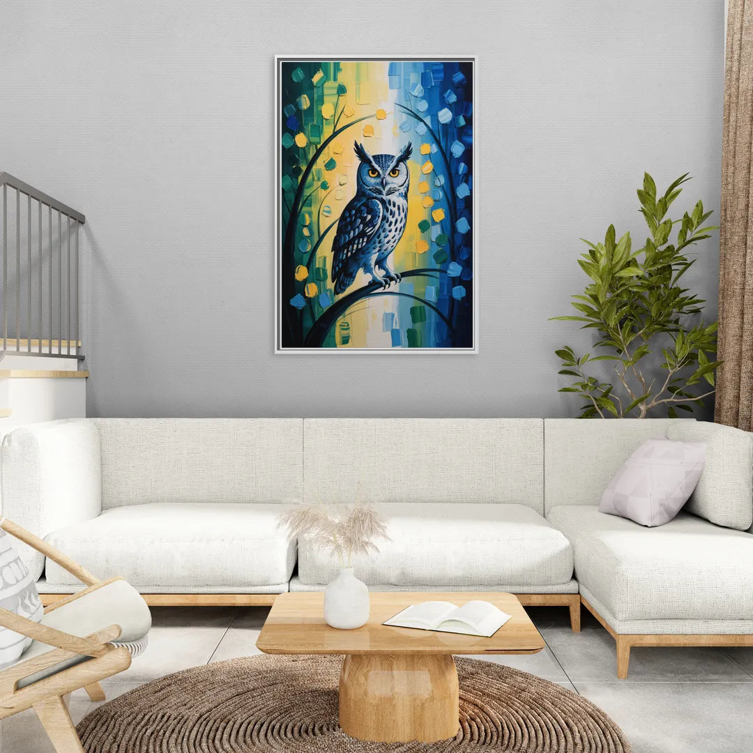 Minimalist Owl Silhouette - Living Room White Frame Canvas