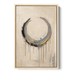 Minimalist Textured Gilded Enso Circle - Oak Framed Canvas Wall Art - Front