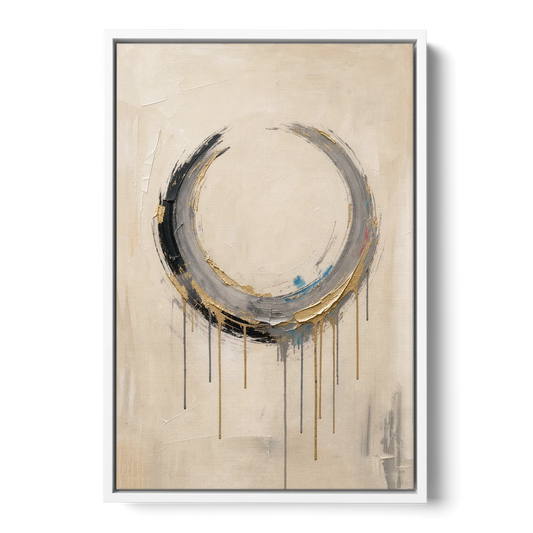 Minimalist Textured Gilded Enso Circle - White Framed Canvas Wall Art - Front