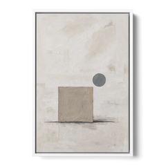 Minimalist Wall Decor with Driftwood Square and Slate Circle - White Framed Canvas Wall Art - Front