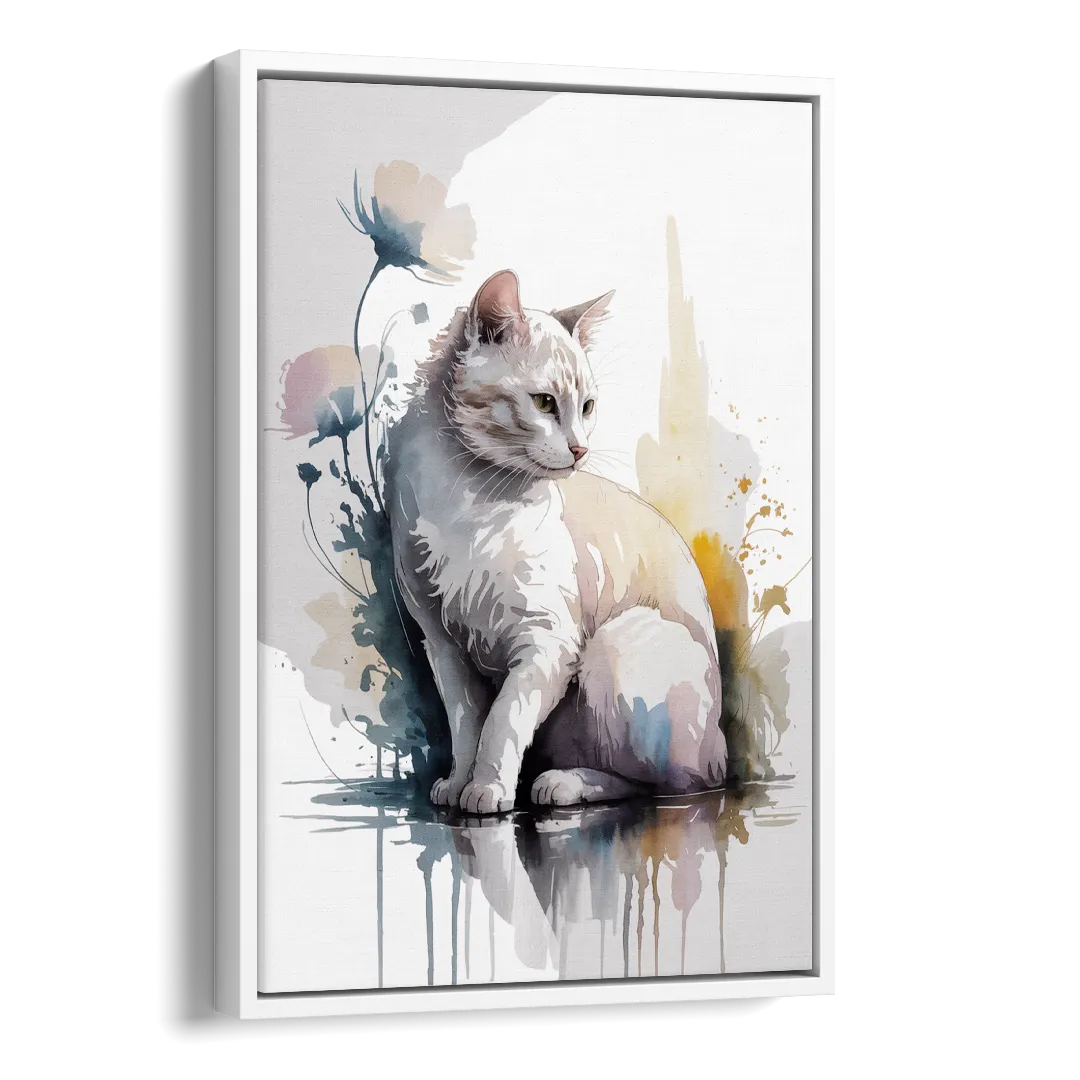 Minimalist White Cat Side - White Canvas Wall Art