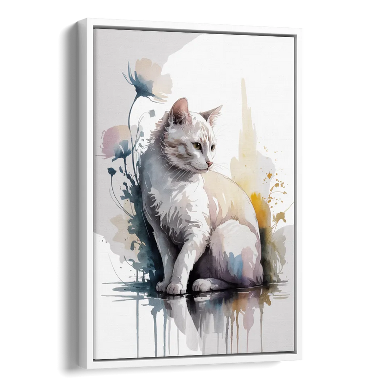 Minimalist White Cat Side - White Canvas Wall Art