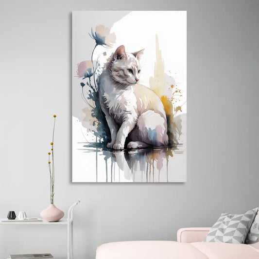 Minimalist White Cat Living Room - Canvas Wall Art