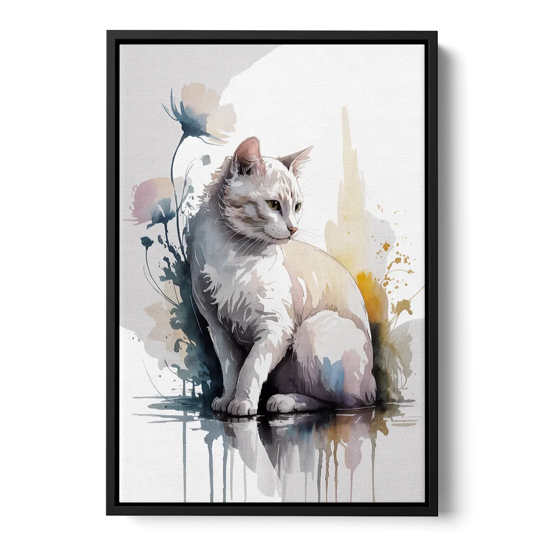 Minimalist White Cat Front - Black Canvas Wall Art