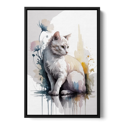Minimalist White Cat Front - Black Canvas Wall Art