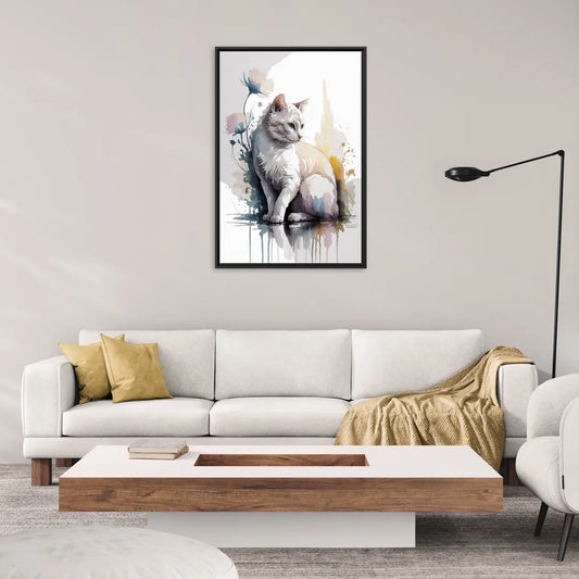 Minimalist White Cat - Living Room Black Frame Canvas