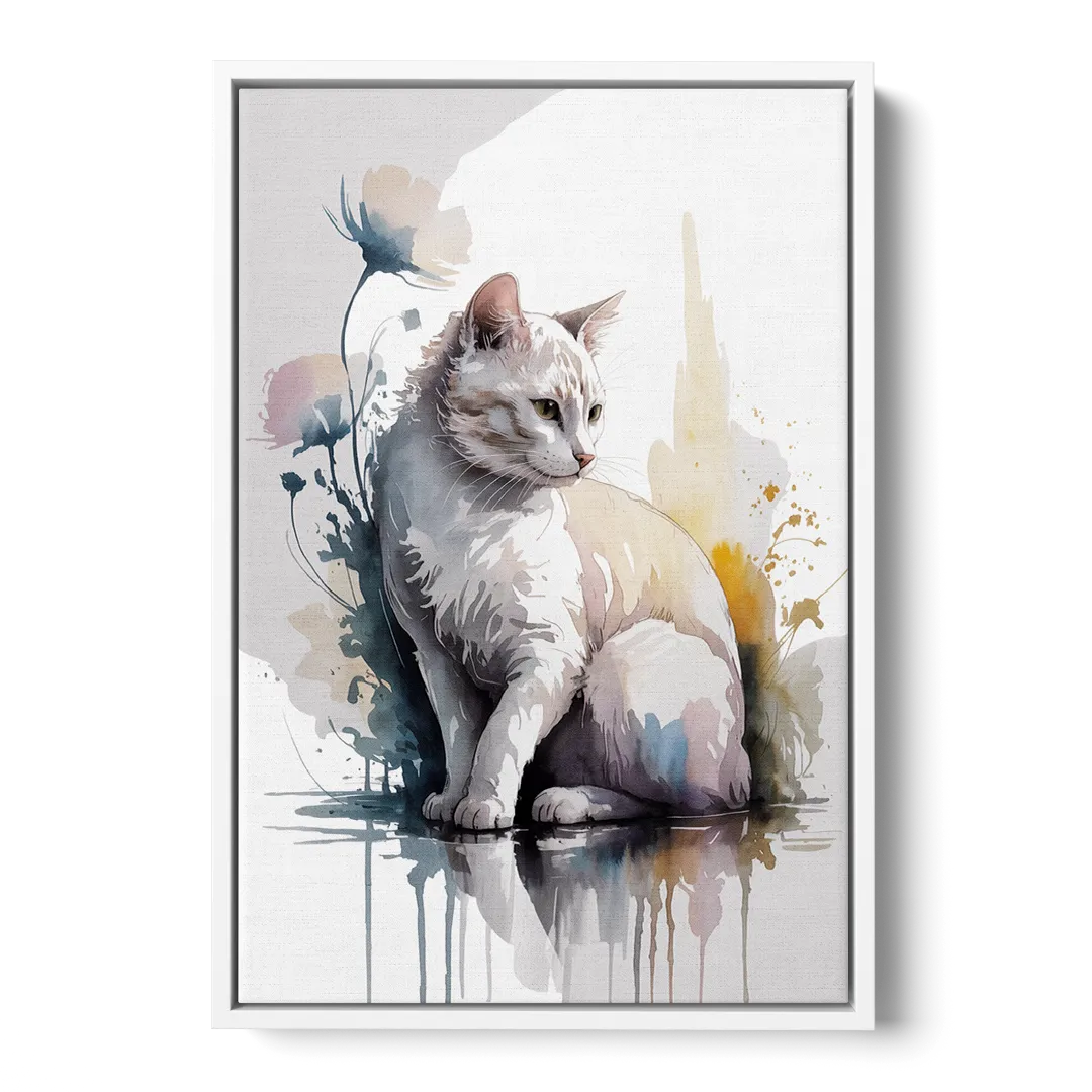 Minimalist White Cat - White Frame Canvas