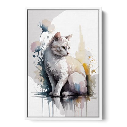 Minimalist White Cat - White Frame Canvas