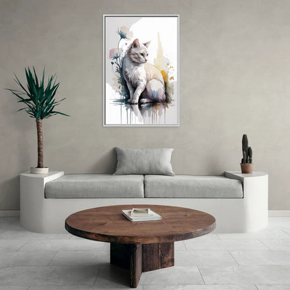 Minimalist White Cat - Living Room White Frame Canvas